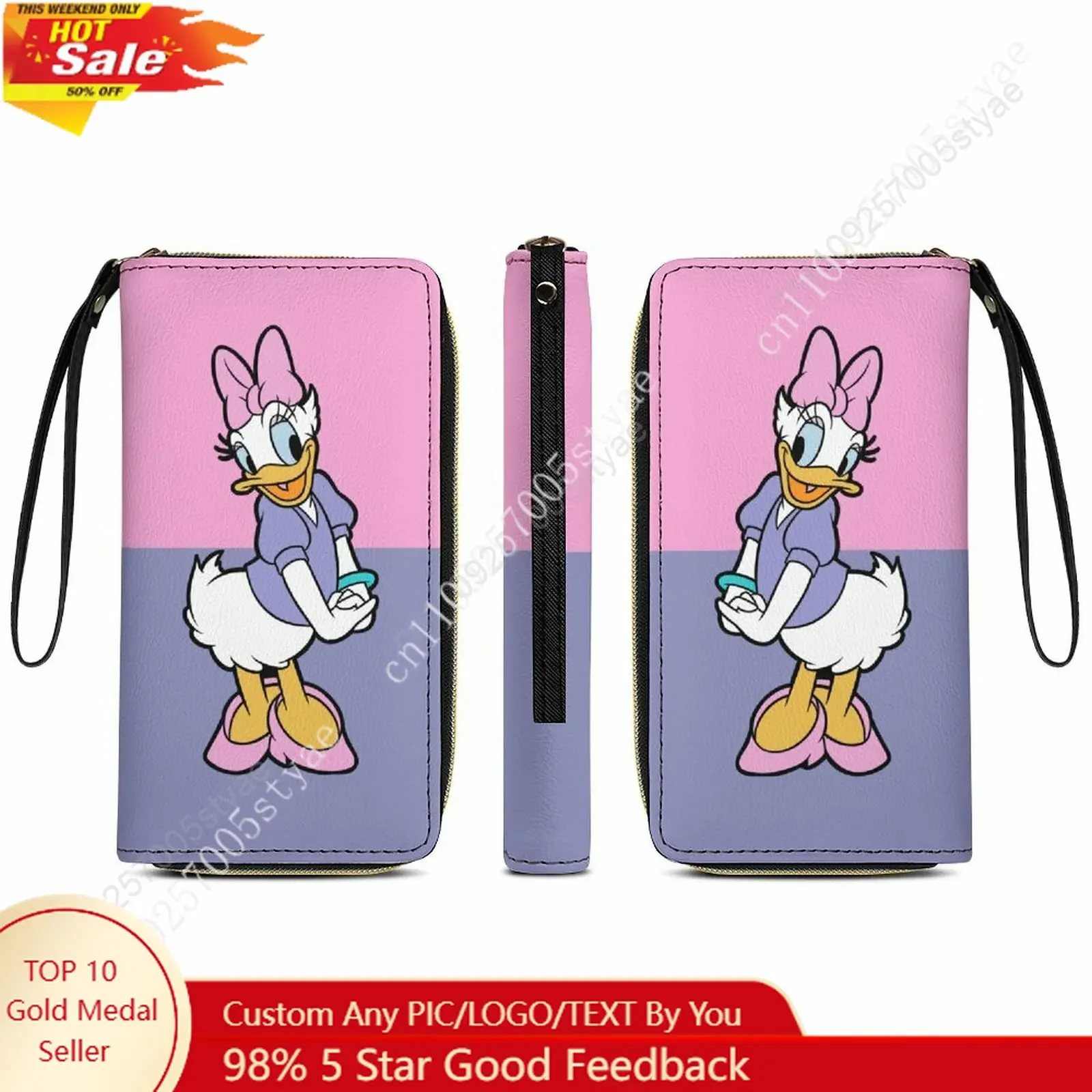

Daisy Duck Leather Wallet Disney Licensed Customizable Personalized Design Your Pattern Portable Design Double-sided Printing