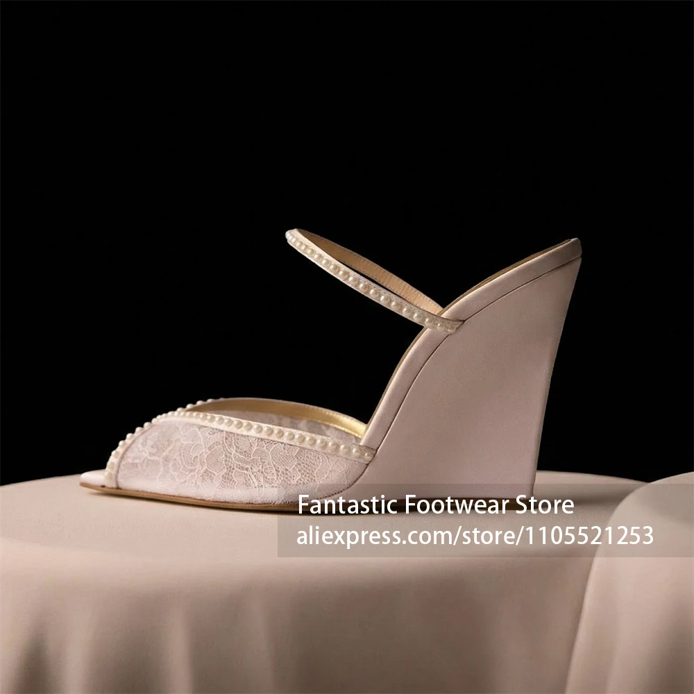 Mules de cuña con punta abierta de encaje, adornados con perlas, de tacón alto, elegantes zapatos de novia hechos a mano para verano