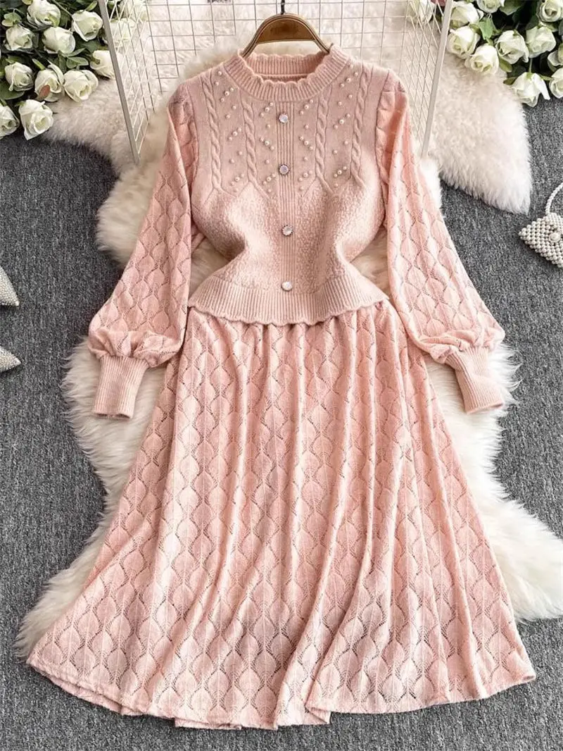 Winter Long Sleeved Nail Bead Dress For Women 2024 New Collection Waist Slim Temperament  Elegant Knitted Splicing Dress A495