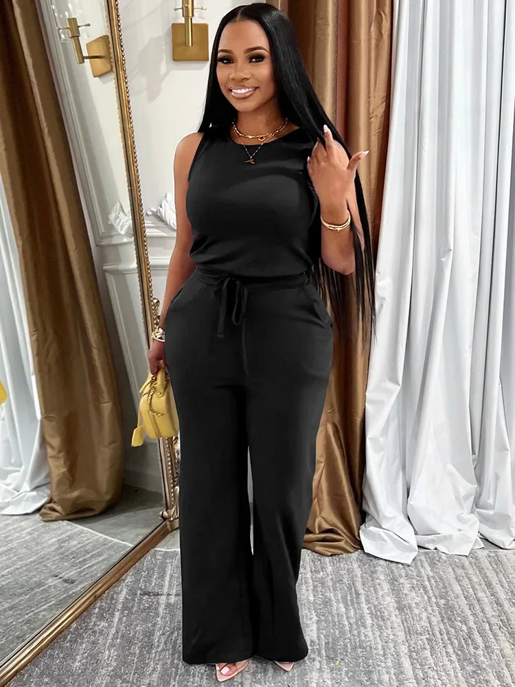 Jumpsuit Kasual Solid untuk Wanita Romper Satu Potong Pinggang Tinggi Tali Serut Tanpa Lengan dan Jumpsuit Kombinasi Pakaian Musim Panas