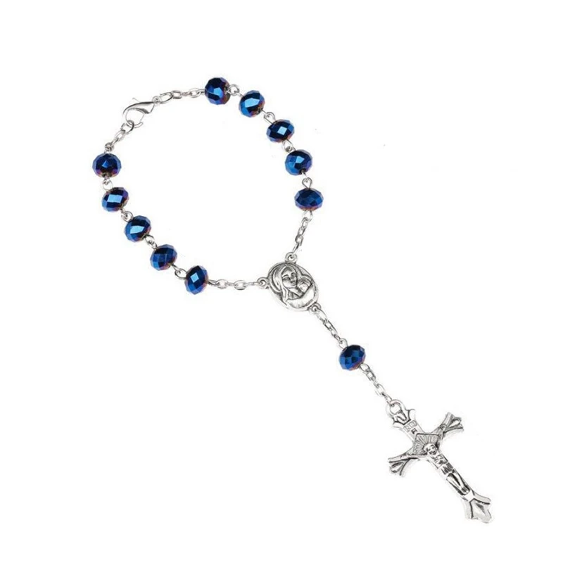 Crystal Rosary Bracelet For Men Women Crucifix Cross Catholic Jewelry Blue Purple