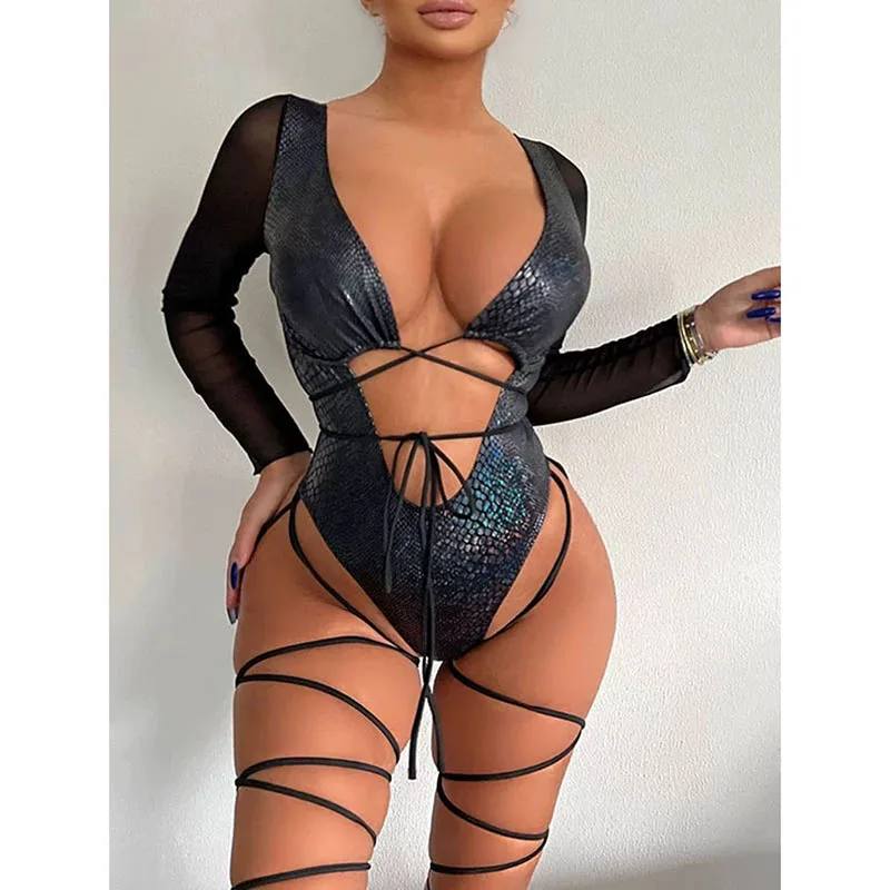 

Черный сетчатый комбинезон-купальник с длинными рукавами и вставками, женский сексуальный купальник-бикини с открытой спиной и бандажными завязками, с вырезами, для пляжных вечеринок