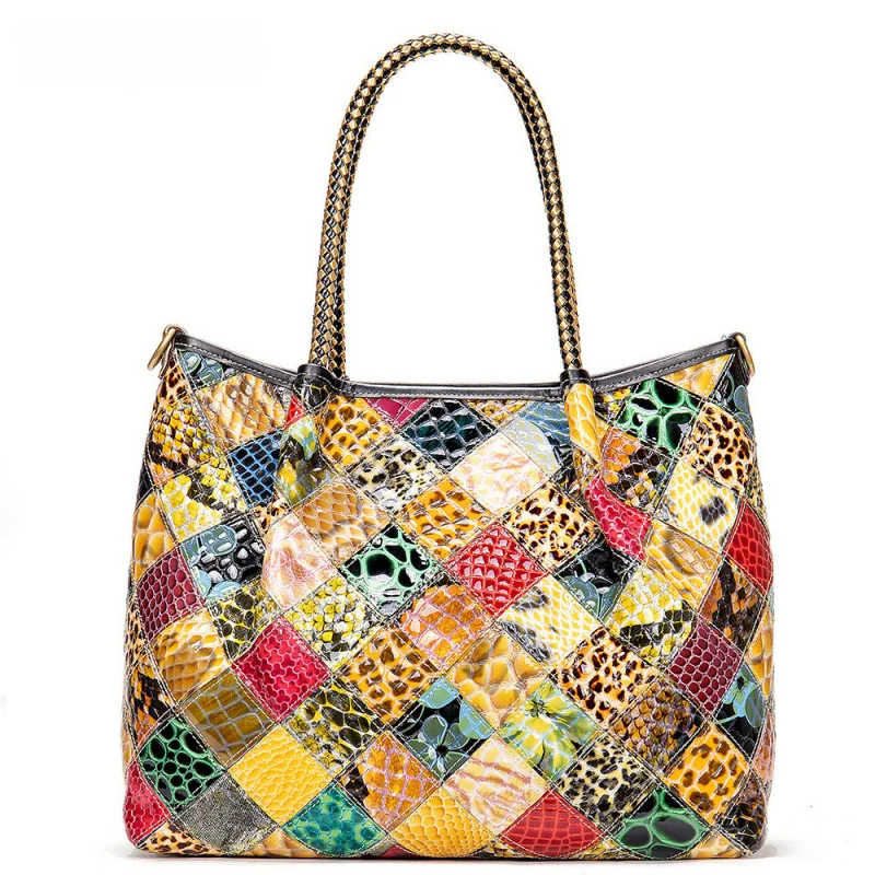 

Ethnic Style Top Layer Cowhide Patchwork Handbag Genuine Leather Large Capacity Shoulder Crossbody Bag Women National Trend