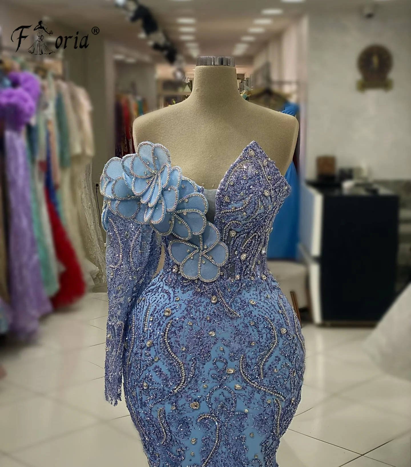 Синие вечерние платья с бисером от Couture, с длинным рукавом, с 3D цветочной аппликацией, платье с юбкой-годе для торжественных случаев, свадебное платье для приема