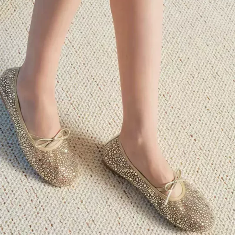 Rhinestones Shoes for Womens Round Toes Flat Heels Ladies Female Ballets Shallow Zapatos De Mujer Solid Chassure Femme Crystal