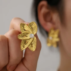 Hot-selling Waterproof Stainless Steel Flower Gold Color Big Stud Earrings Metal High Quality Fashion Statement Jewelry Women