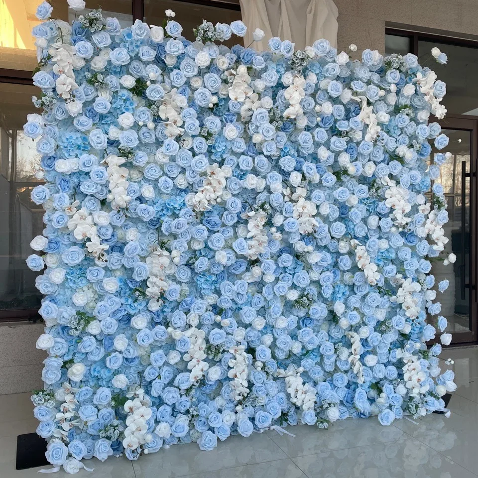 

Uflower Flower wall 3D Luxury Blue White Rose Hydrangea Cloth Curtain Wedding Backdrop Decoration Artificial Flower Event Props