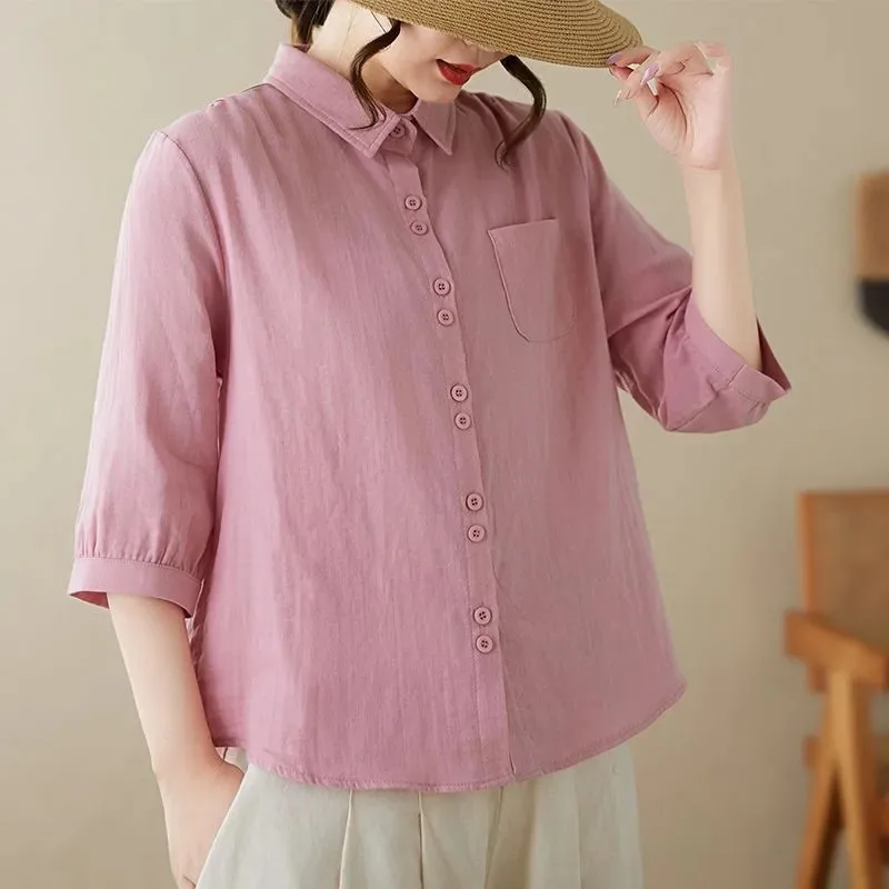 

Женская рубашка из хлопково-льняной смеси с рукавом до локтя, на пуговицах, с нагрудным карманом, повседневная, свободного кроя