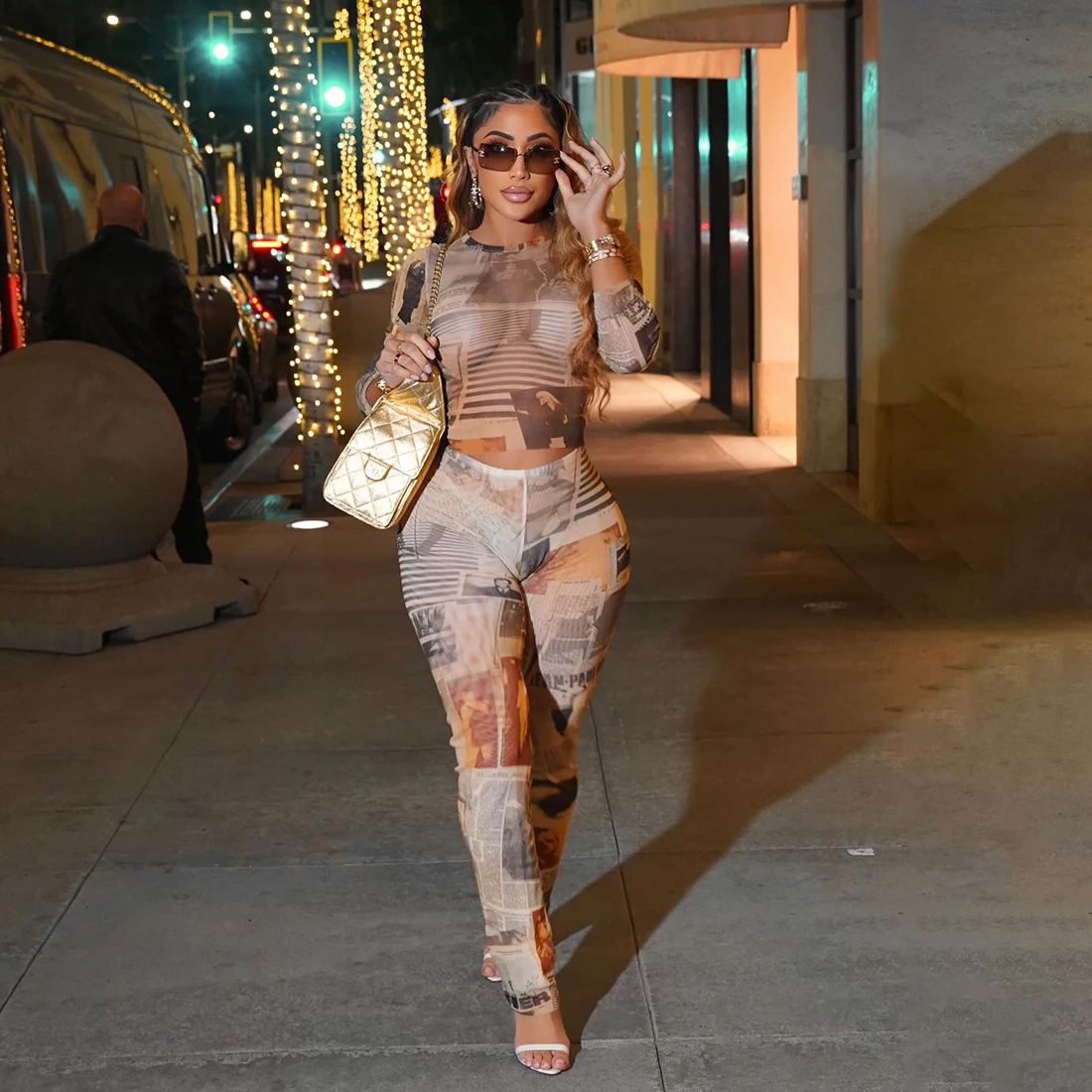 

Women o-Neck Colorful Print 2-Piece Set Full Sleeve Crop Top+Elastic Waist Simple Pant See Through Sexy Street Suit