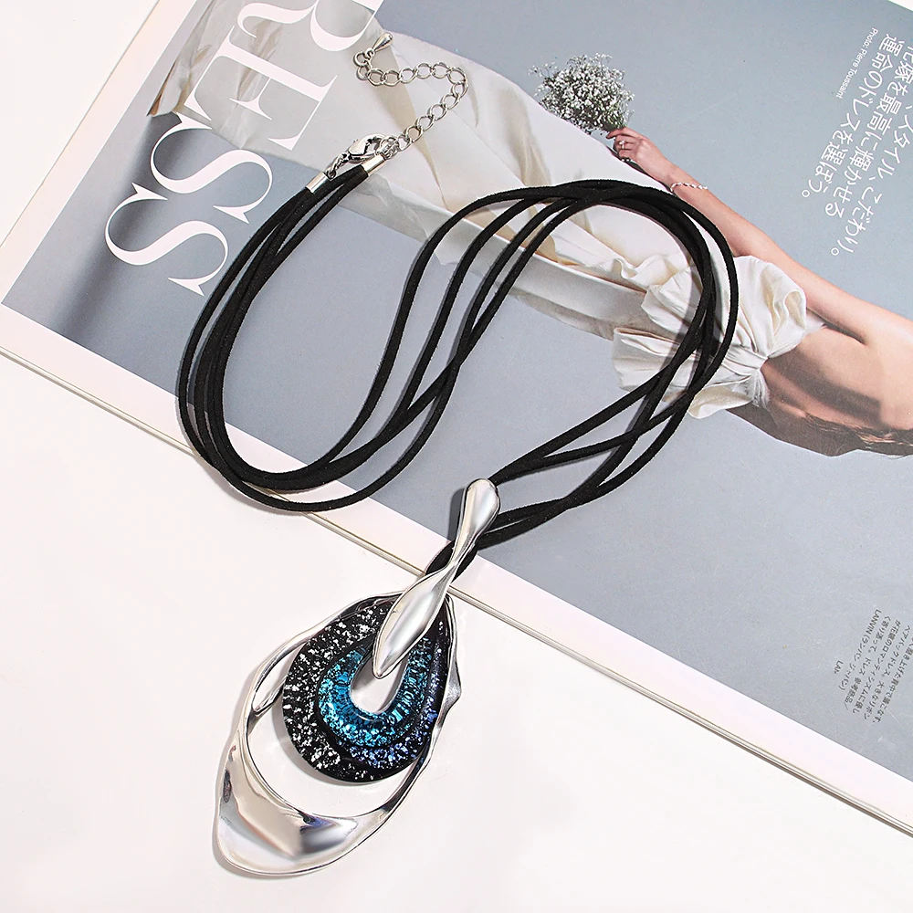 

Amorcome Vintage Multilayer Black Leather Necklace for Women Boho Resin Waterdrop Pendant Necklaces Sweater Chain Jewelry Gifts