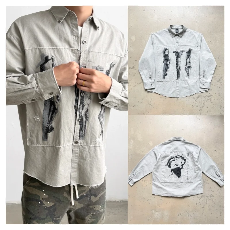 

Saint Heavyweight Washed Distressed Patch Shirt - High Quality Gray Fall Men's & Women's Distressed Vintage Shirt