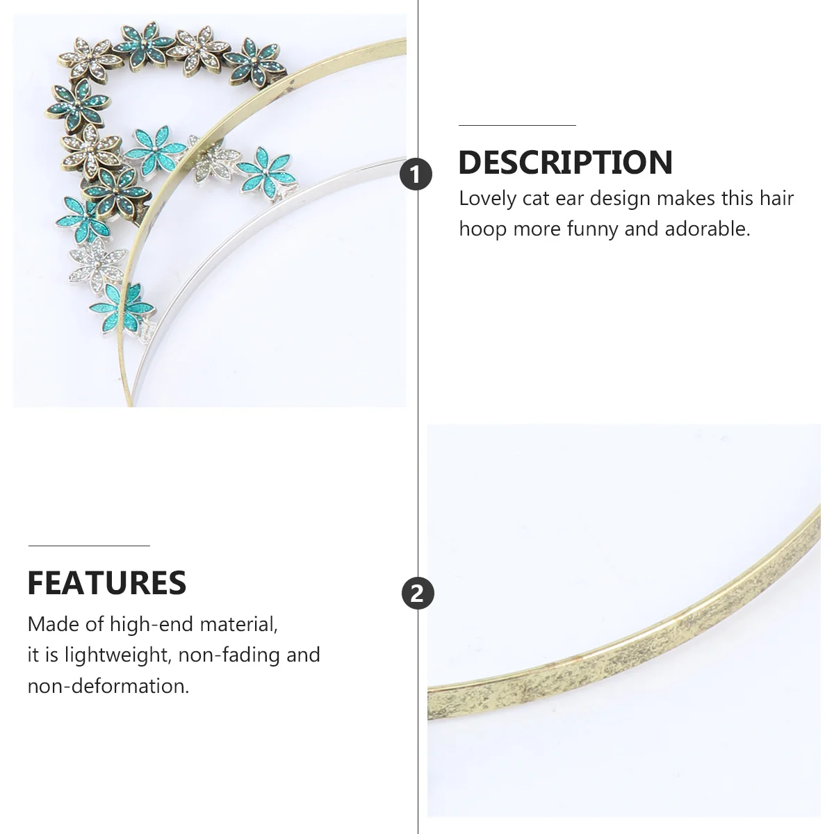 

2Pcs Flower Cat Ear Hair Hoop Alloy Headband Lightweight Comfortable for Kids Adults Holiday Accessories Cat Ear Headband