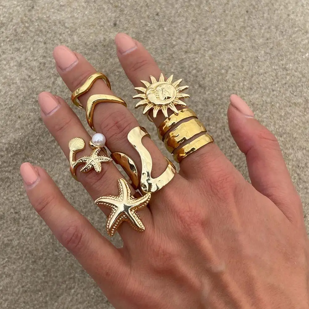 6Pcs/Set Vintage Sun Starfish Open Rings for Women Men Punk Irregular Pleated Pearl Ring Summer Holiday Personalized Jewelry image 2