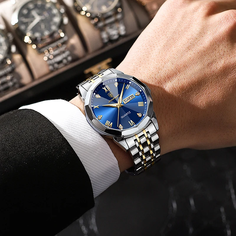 POEDAGAR Diamond Luxury Mens Watch Business Stainless Steel Brand Waterproof Male Quartz Clocks Calendar Luminous Relojes Hombre