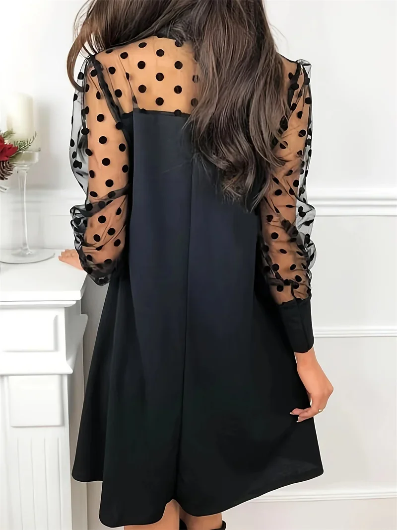 2025 New European Small Perfume Style In The Dress Tie Head Bow Solid Color Mesh Long-sleeved Dress Simple Style Fashion Dresses