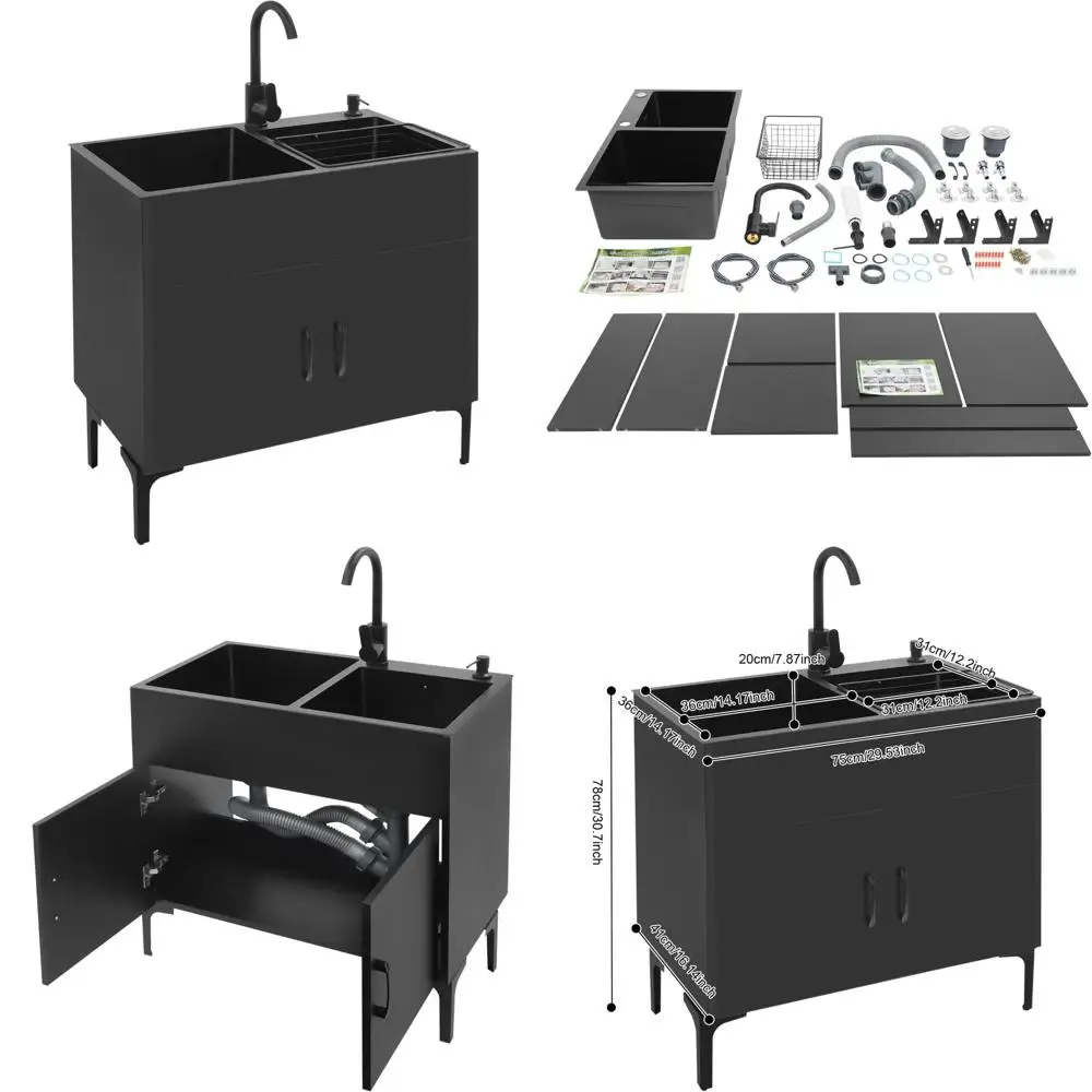 

Stainless Steel 30 Inch Laundry Sink with Cabinet and Faucet, Freestanding Utility Sink in Black Cabinet Design