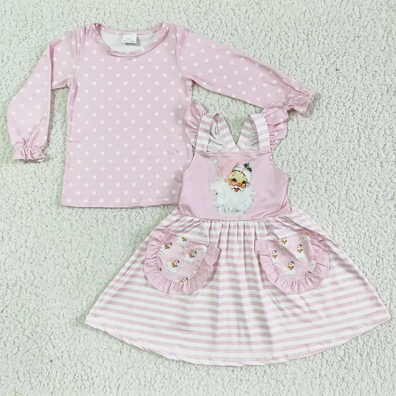 

Infant Kid Pink Christmas Santa Clothing Baby Girl Ruffle Long Sleeve Dots Pocket Suspender Skirt Set Wholesale Children Clothes