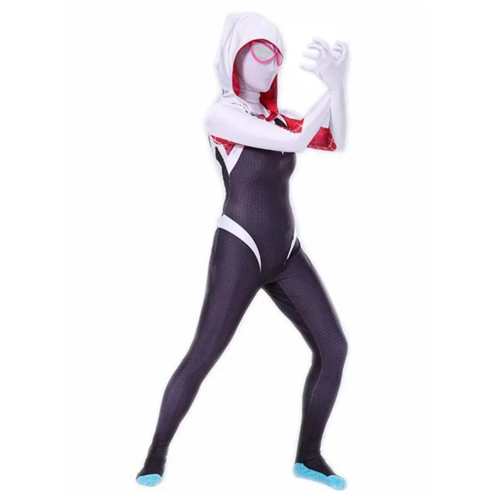 Kinder Spinne Gwen Cosplay Superheld Bodysuit Gwendolyn Maxine Stacy 3D Zentai Halloween Rollenspiel Kostüm Kapuze Maske Jumps uitt