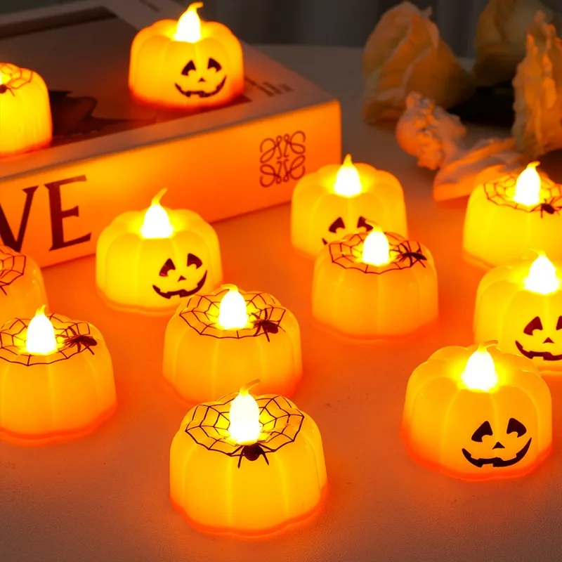 12/1x Mini LED Electronic Candle Lights Halloween Pumpkin Spider Web Lantern Flameless Flickering Candles Light Lamps Home Decor