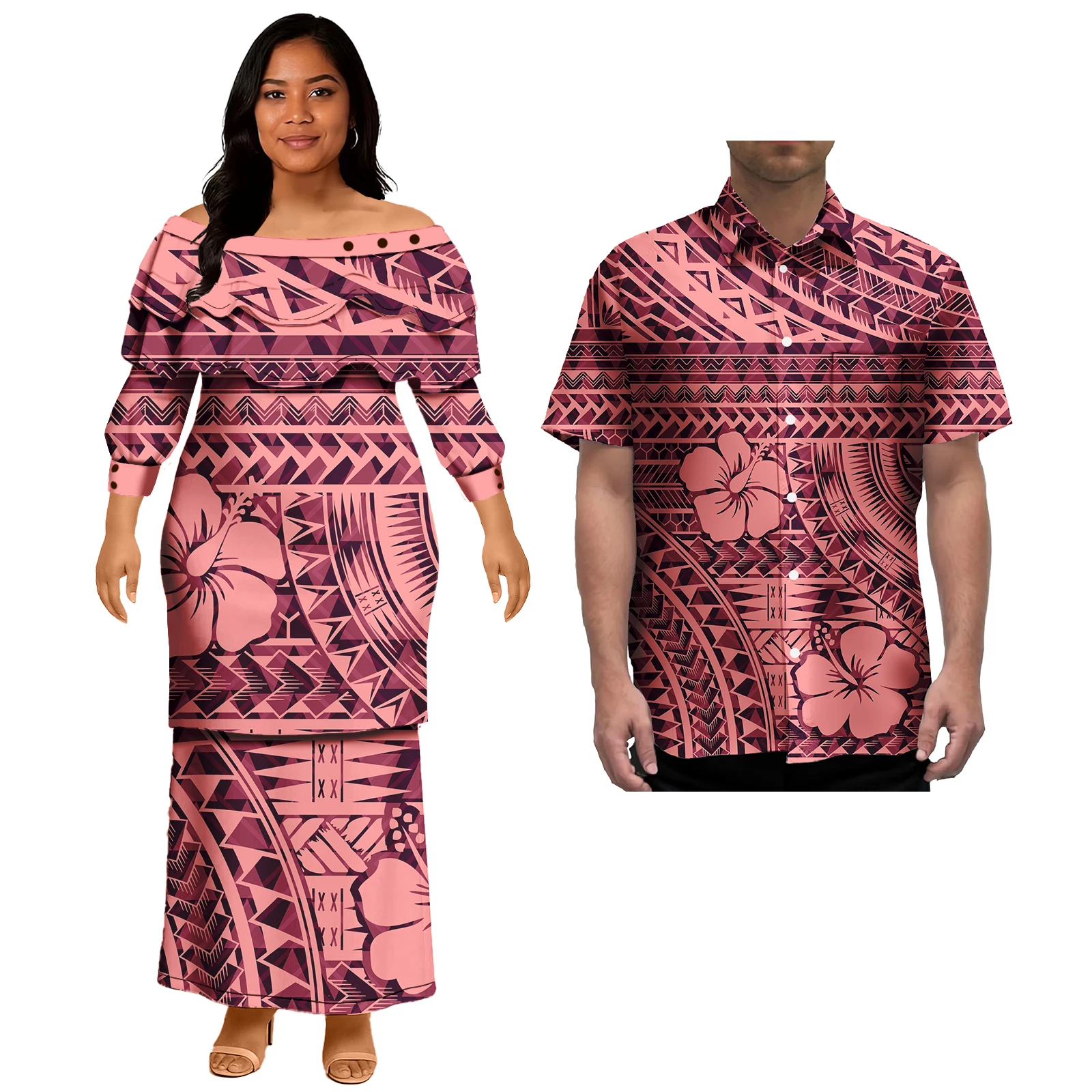 คู่ชุดสุภาพสตรีชุดราตรี Polynesian รูปแบบคลาสสิก Mens เสื้อฮาวาย Match ผู้หญิง PLUS ขนาดกระโปรง
