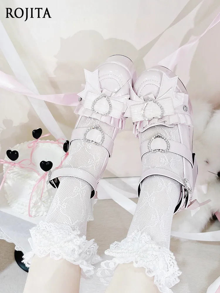 Sweet Lolita Platform Mary Jane Shoes Ruffle Satin Bow Heart Rhinestone Double Ankle Strap Chunky Block Heel Kawaii Pumps