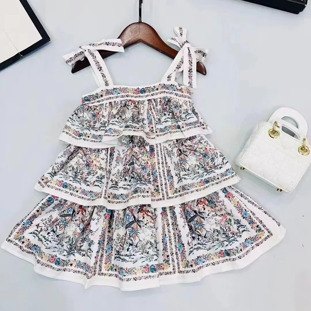 2023 New Style Girls Dress Summer Girls Multicolor Flower Print Fashionable Children Strap Cake Dress CD2574