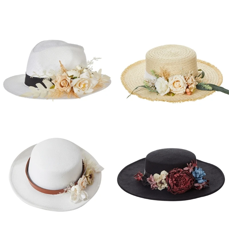 Elegant Hat Wide Brim Hat Fancy Hat with Artificial Flower Comfortable Hat with Beautiful Flower Embellishments dropshipping