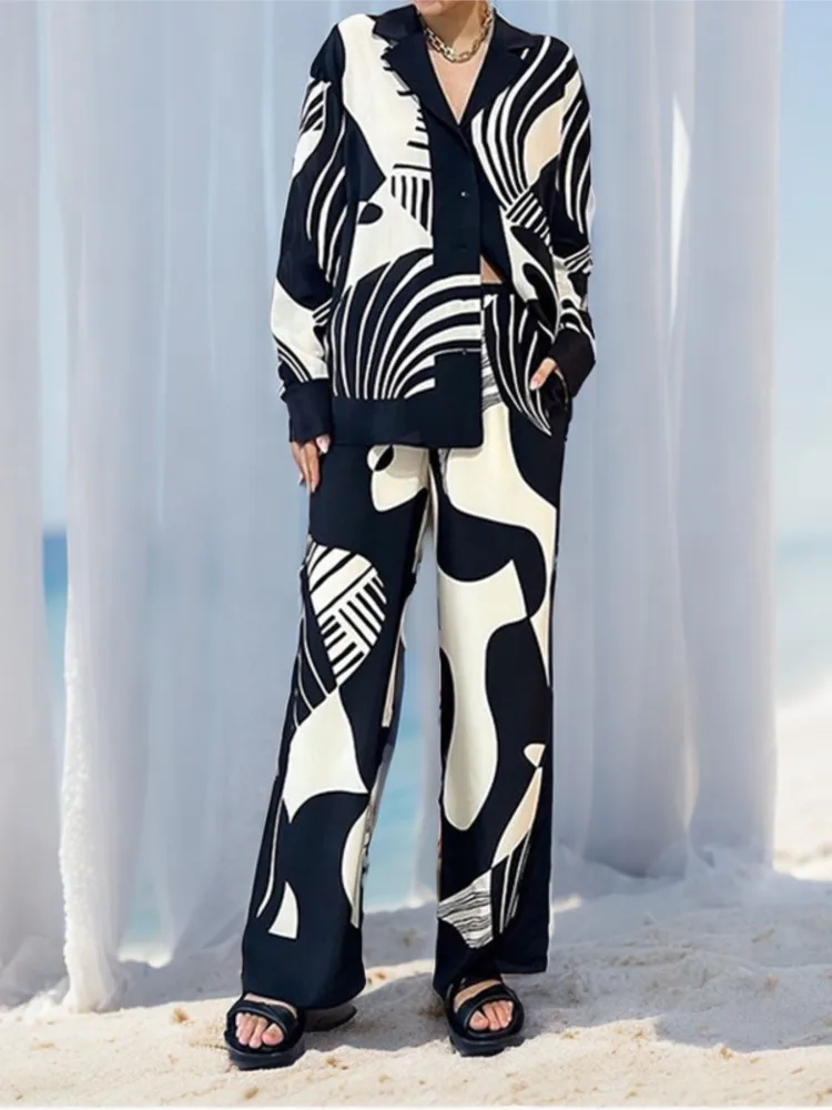 

Nice New Casual Print Shirt Women 2 Piece Set Elegant Loose Long Sleeve Shirts Wide Leg Pants Female Suit Summer Lady Outfit