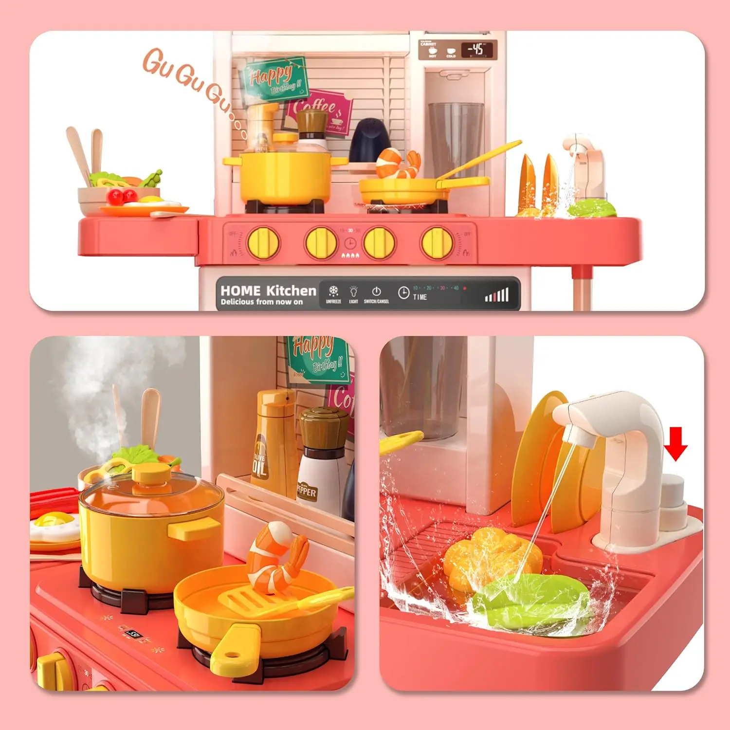 52 pçs spray cozinha cozinhar brinquedo conjunto com mudança de cor alimentos efeitos sonoros realistas fingir jogar brinquedos acessórios de cozinha presente