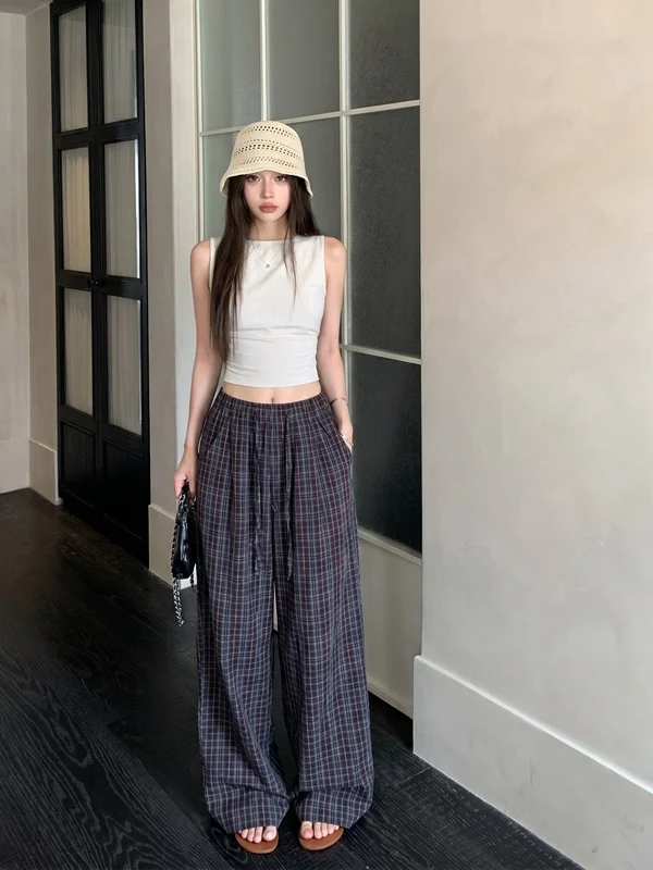 

American Style Retro Plaid Wide Leg Pants Women Summer Elastic Waist Drawstring Casual Loose Slimming Floor-Length Trousers