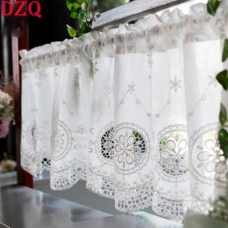 

South Korea Cotton Geometric Circular Hollow Flowers Short Curtains Living Room White Lace Cloth Half Curtains for Kitchen #A406