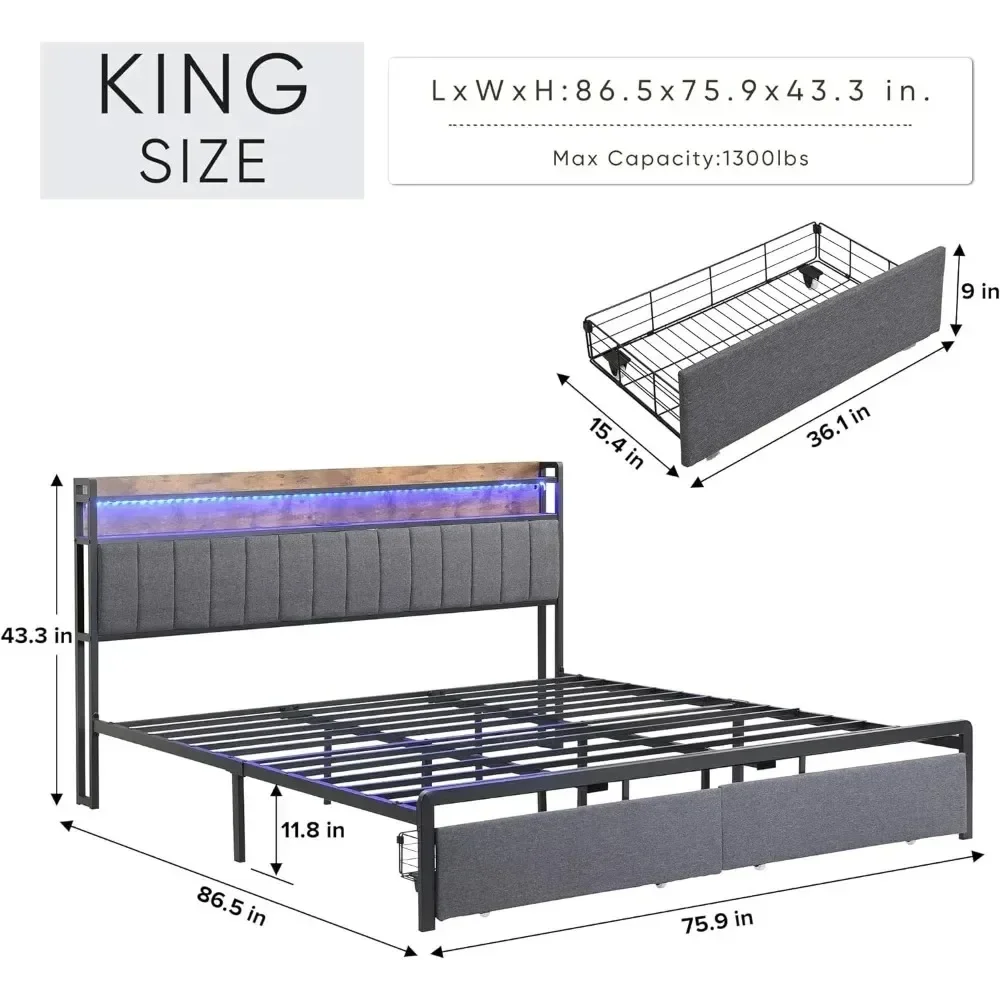 King Size LED Bed Frame With Storage Headboard And Drawers, W/USB Ports , Upholstered Platform Bed Frame King Size