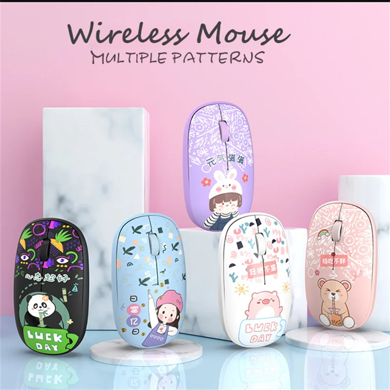 

Wireless 2.4Ghz Mouse Pnk Cute Cartoon Pattern Mause Bluetooth 5.0 Mute Button Optical Mini USB Mice For Laptop PC Girl Gift