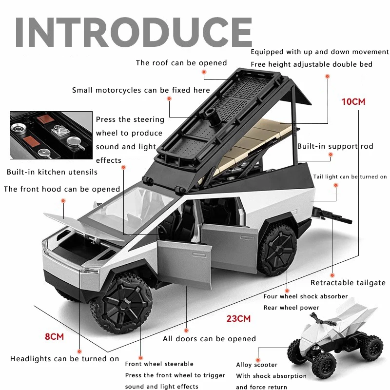 1:24 Cyber Pickup Legering Automodel Simulatie Geluid en licht Trek speelgoedauto Metalen terreinwagen Jongenscollectie Ornamenten