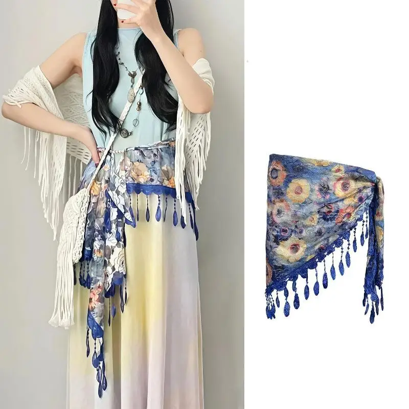 Boho-Quasten-Dreieckstuch Vintage-Blumendruck-Spitzen-Taillenwickelrock Damen-Quasten-Fransen-Schal Strandkopftuch Taillengürtel – Detail 4