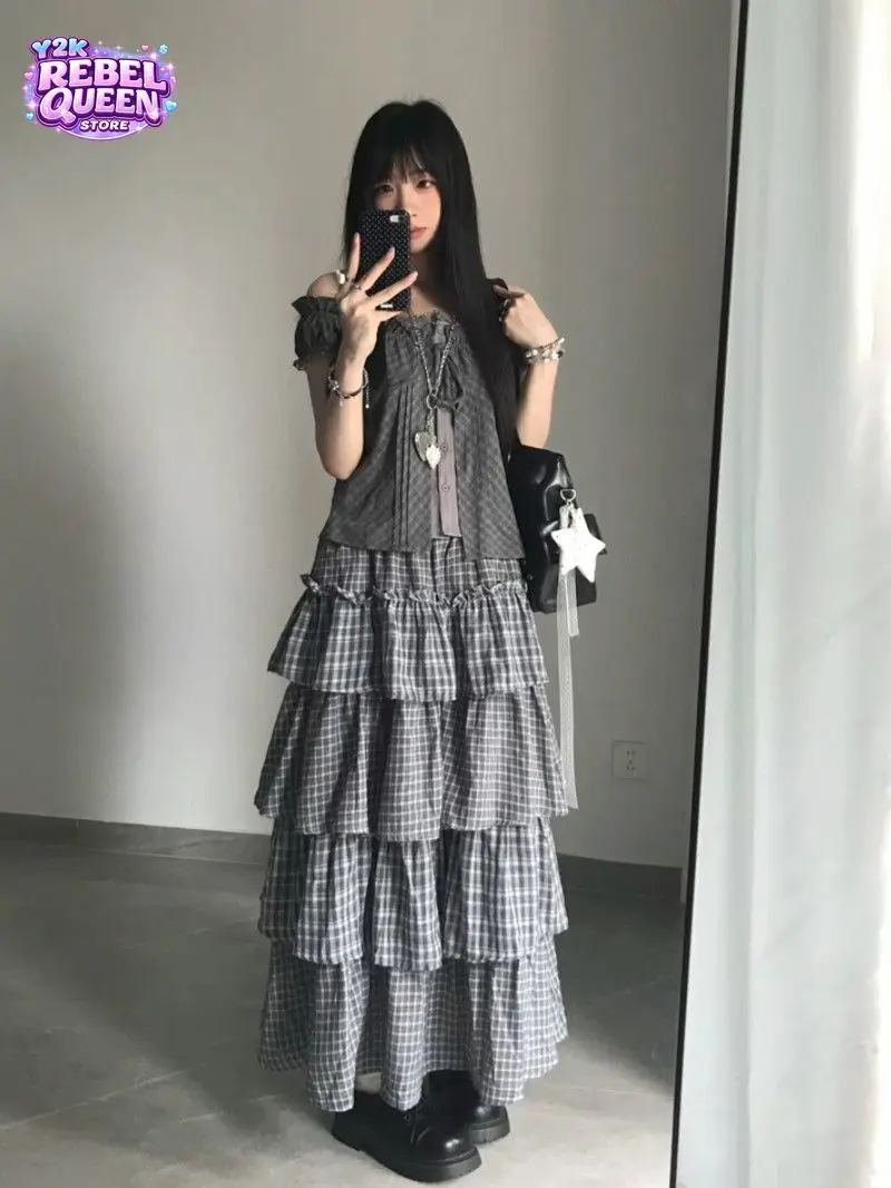 Elegant Korean Fashion Grey Plaid 2 Piece Set Women Off Shoulder Ruffle Top High Waist Layered Skirt Casual Daily Wear 2026