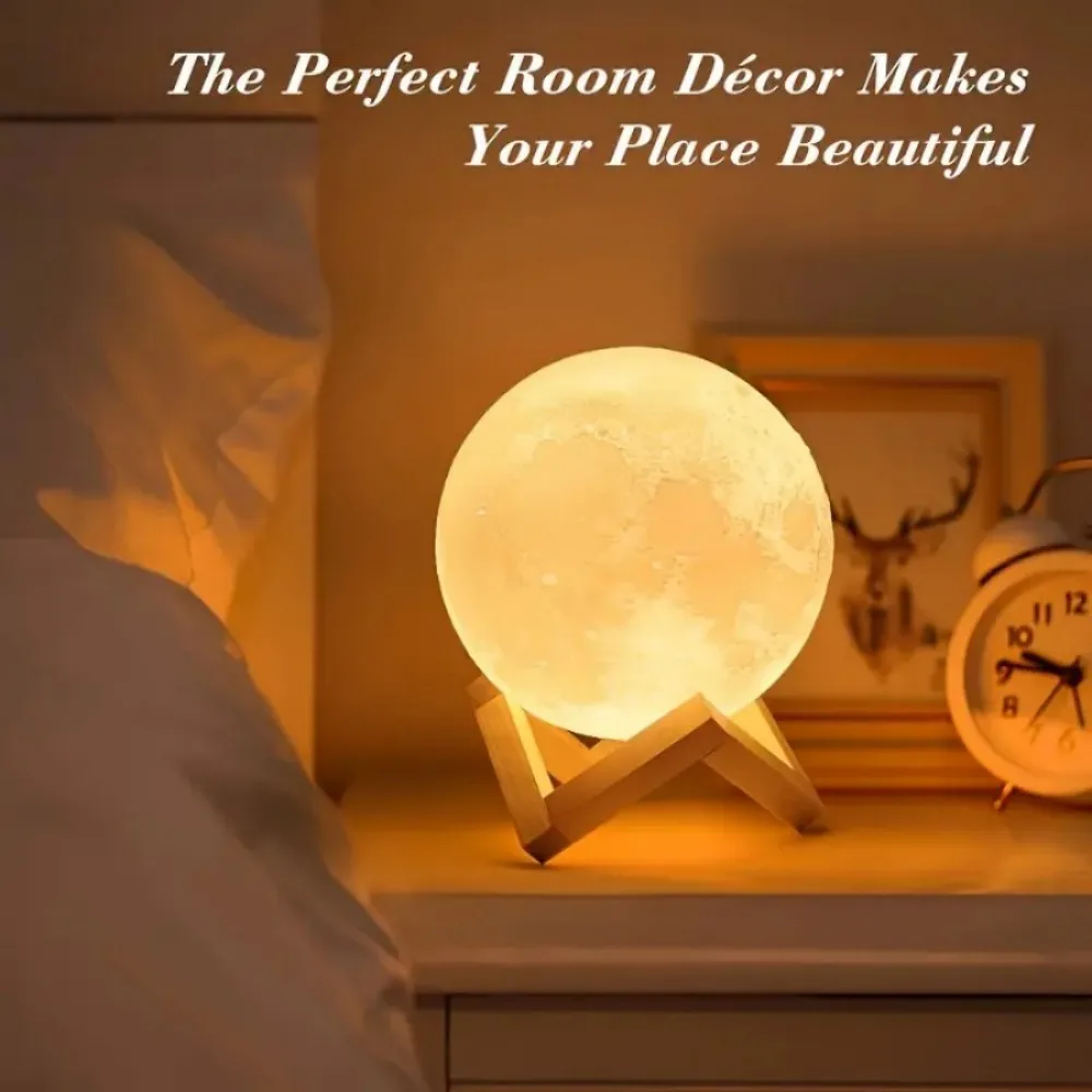 3D Moon Lamp Night Light, Battery Powered Table Lamp with Wooden Stand for Bedroom, Kids Room, Home Gift Decor