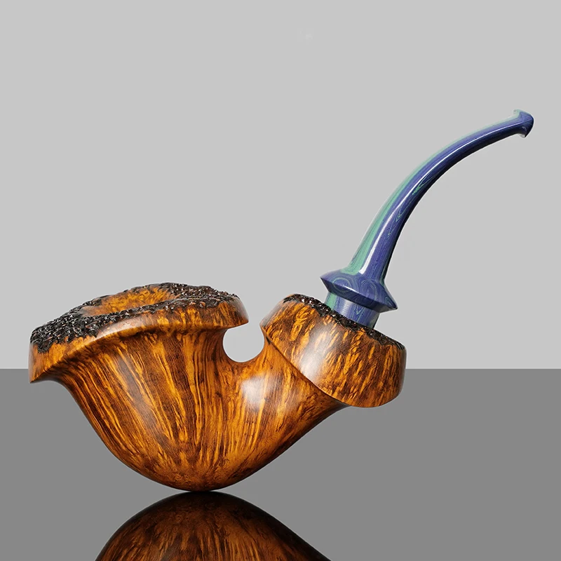 

MUXIANG briar tobacco pipe, hand carved pipe, burl surface bowl, vulcanized rubber pipe handle, flower pipe