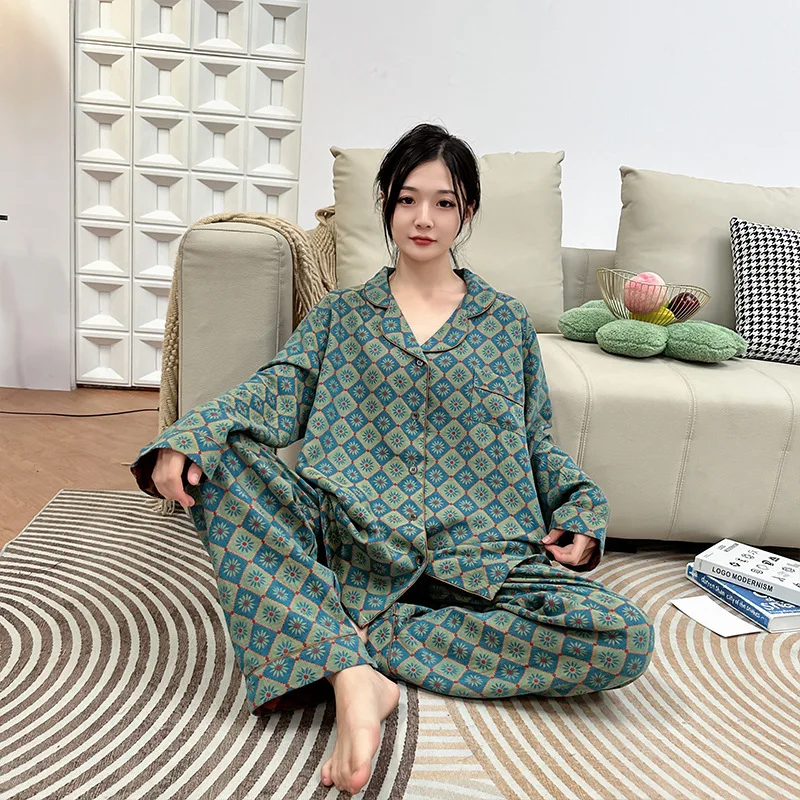 

Plus Size 4XL 5XL Women's Spring Autumn New Pajamas Set Pure Cotton Long-sleeved Long Trousers Sleepwear Suit Loose Home Clothes