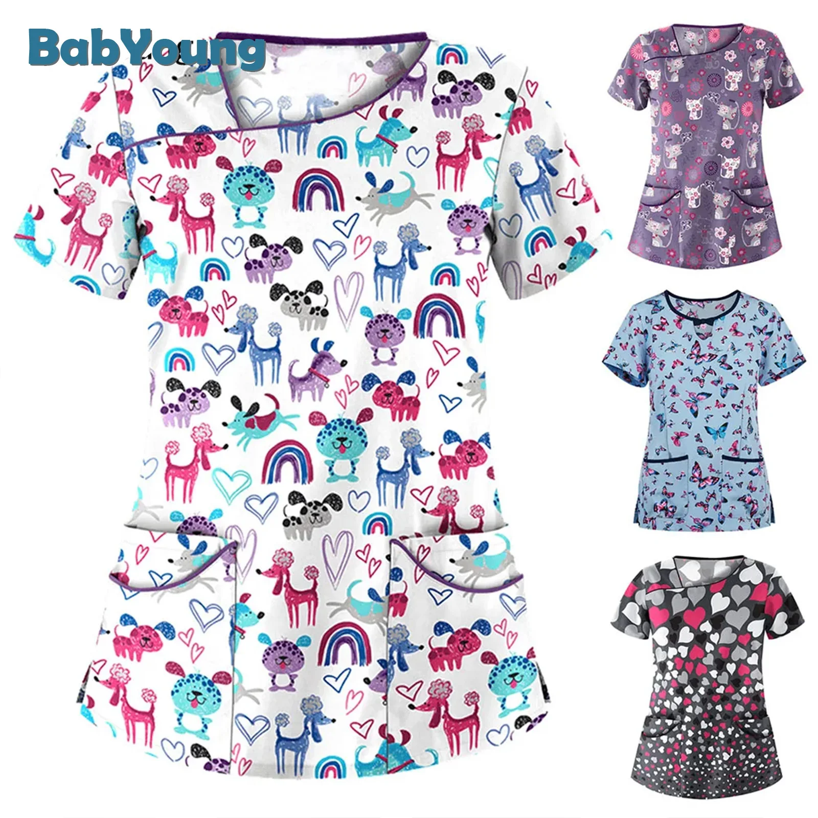 Vrouw Cartoon Uniformen Medicine Tops Werken Uniform Olifant Bedrukt T-Shirts Verpleegkundige Scrubs Blouse Vrouw