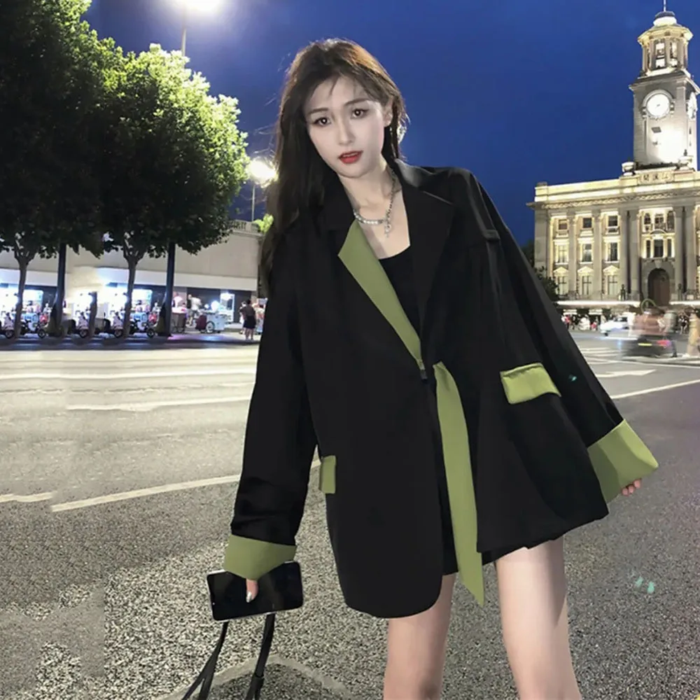 Elegant Women Blazers Casual Fashion Color Block Patchwork Loose Coats Office Lady Long Sleeve Suit Jackets Female Autumn Winter