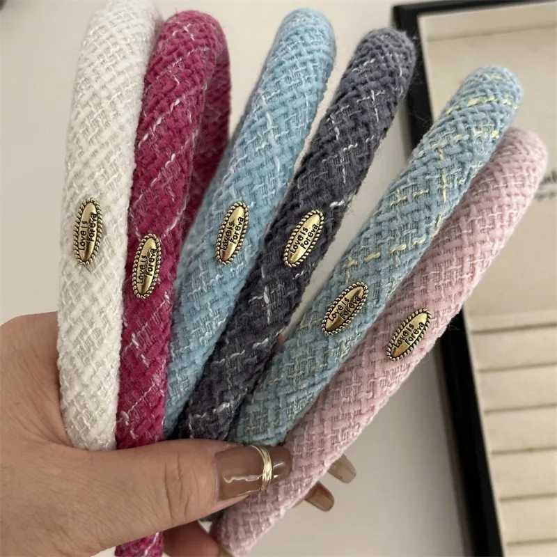 Woolen plaid narrow edition hair band elliptical gold label Korean texture headband hair hoop daily versatile hair accessories