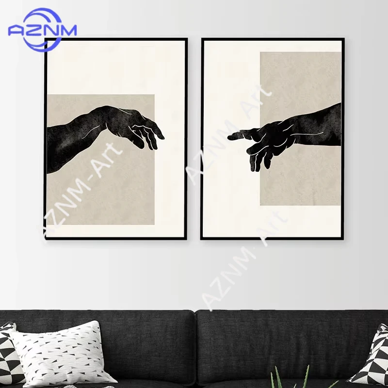 Die Erschaffung Adams Hände Poster und Drucke Michelangelo Wandkunst Leinwandgemälde Boho Neutral Grau Wandbild Schlafzimmer Dekor