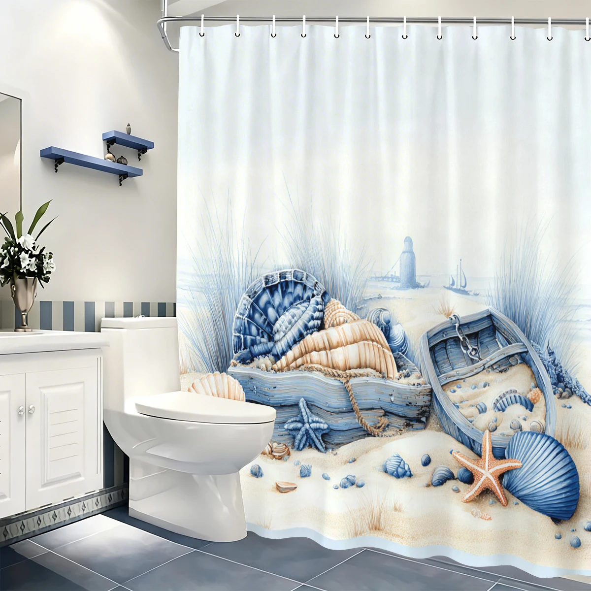 

Занавеска для ванной с ярким морским рисунком и узором из ракушек, полиэстеровая занавеска для душа - Декор для ванной в морском стиле, ткань для декора ванной комнаты