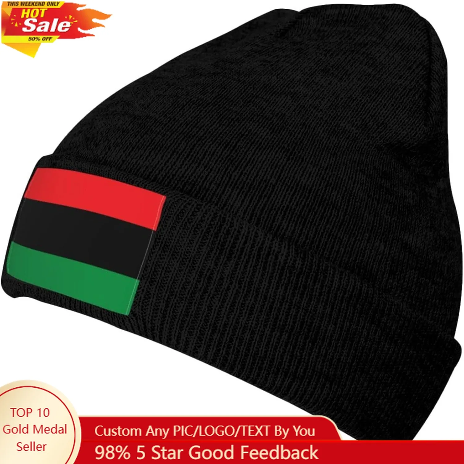 

Pan African Flag Knit Beanie Winter Hats for Men and Women Knitted Cuffed Skull Cap Acrylic Daily Beanie Hat