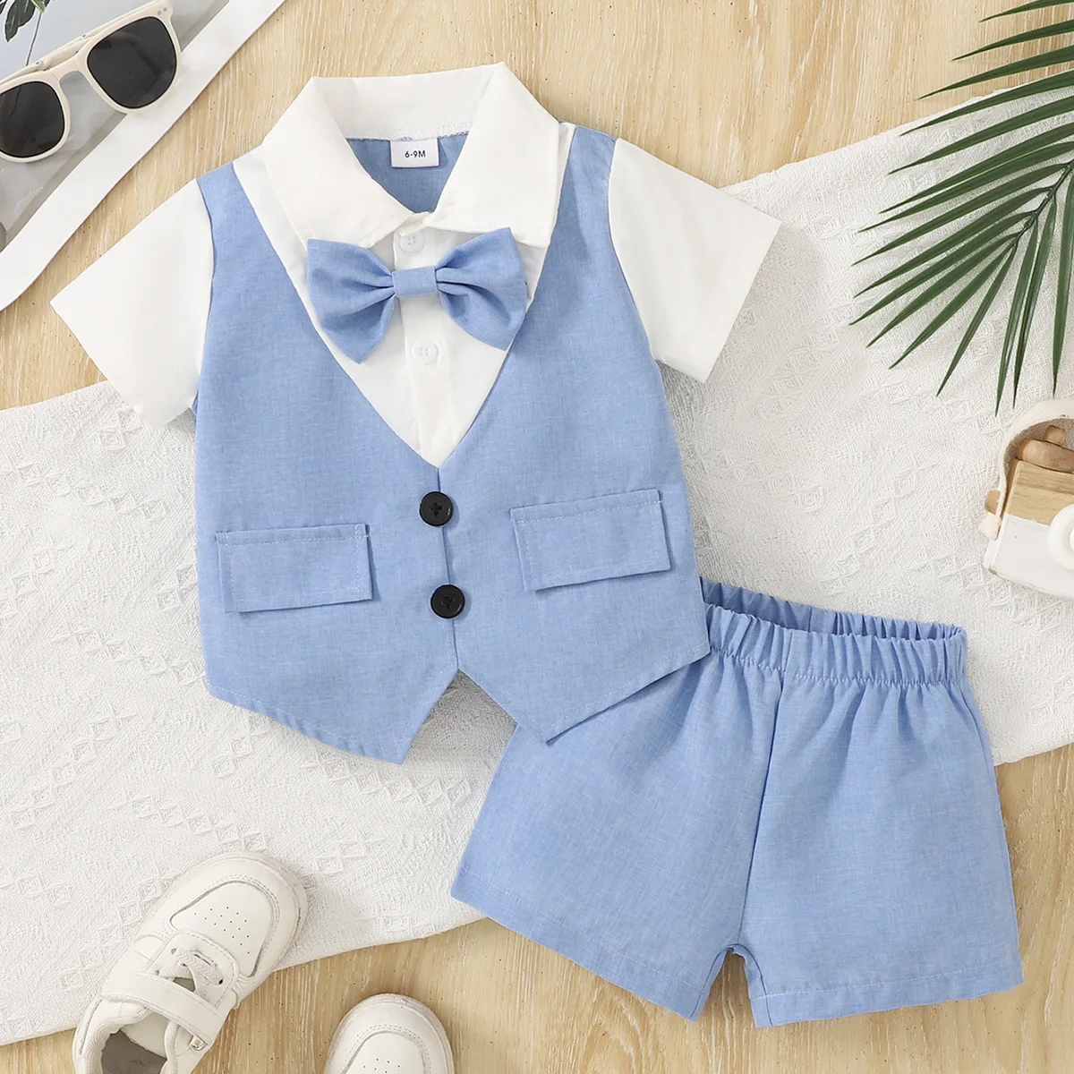 Newborn Baby Boys 2Pcs Gentleman Outfit Set Fake Vest Short Sleeve Shirt + Shorts Bow Tie Formal Wedding Birthday Party Costume