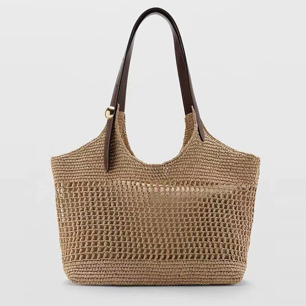 Handwoven Large Capacity Hollow Out Straw Tote Bag Casual Beach Vacation Women's Handbag Travel Leisure Soft Square Shoulder Bag