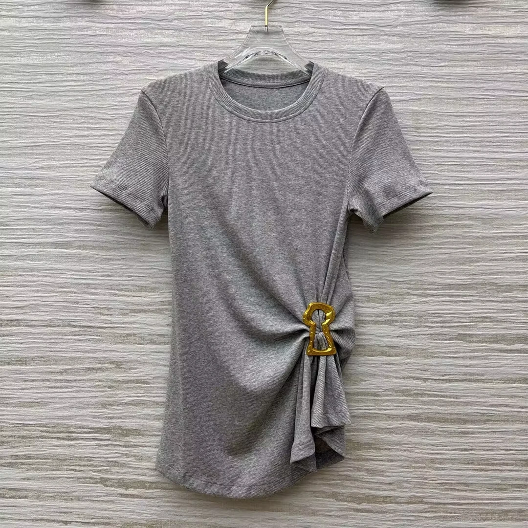

Street 2025 New Gold Pin Decoration Pleated Waist Cinching Short Sleeved T-shirt Women Solid Color Chic Tops