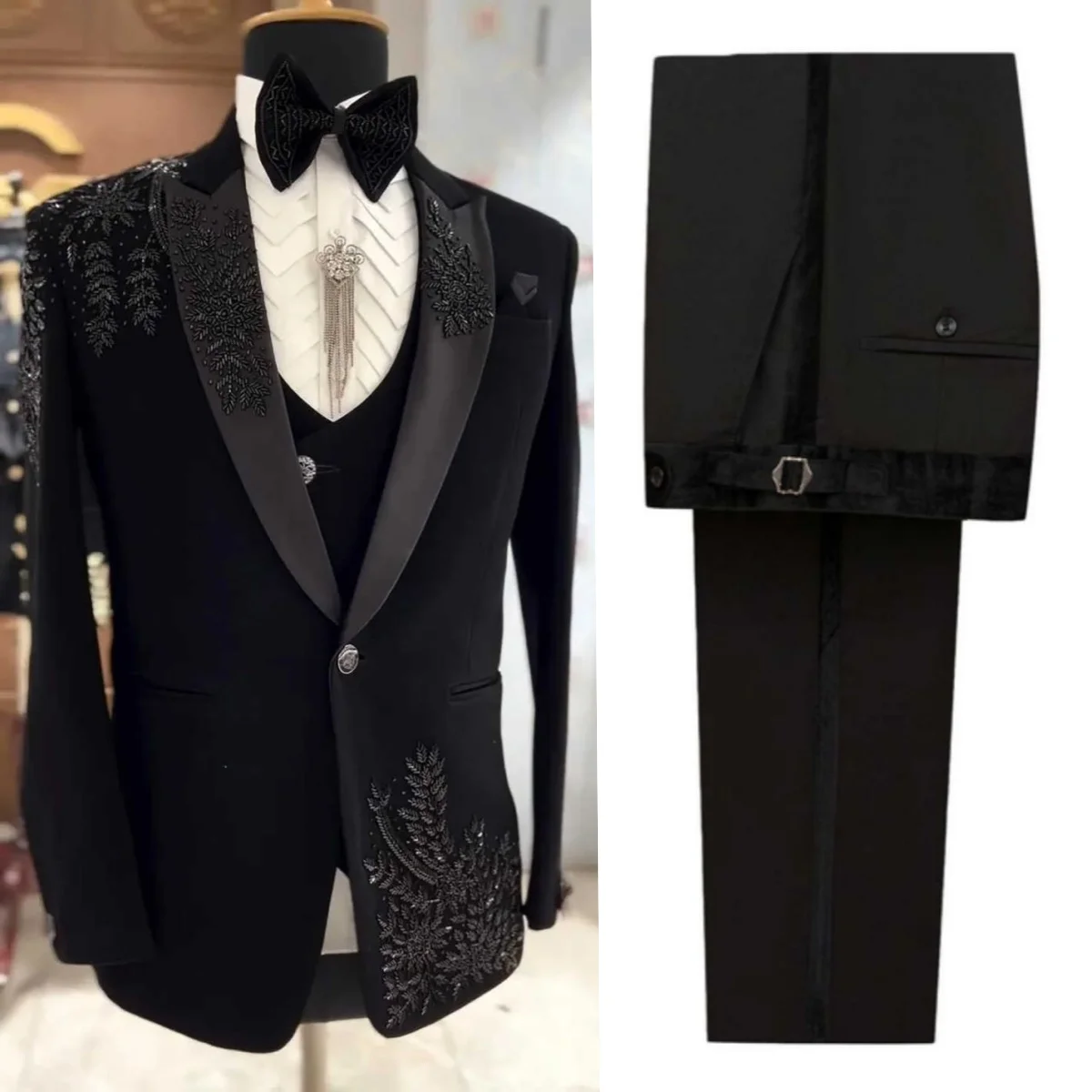 ชุดสูทผู้ชายแบบมีลูกปัด ดีไซน์ปกแหลม กระดุมเดียว สำหรับเจ้าบ่าว งานแต่งงาน ทักซิโด้ 2 ชิ้น ทรงหลวม สามารถสั่งตัดได้