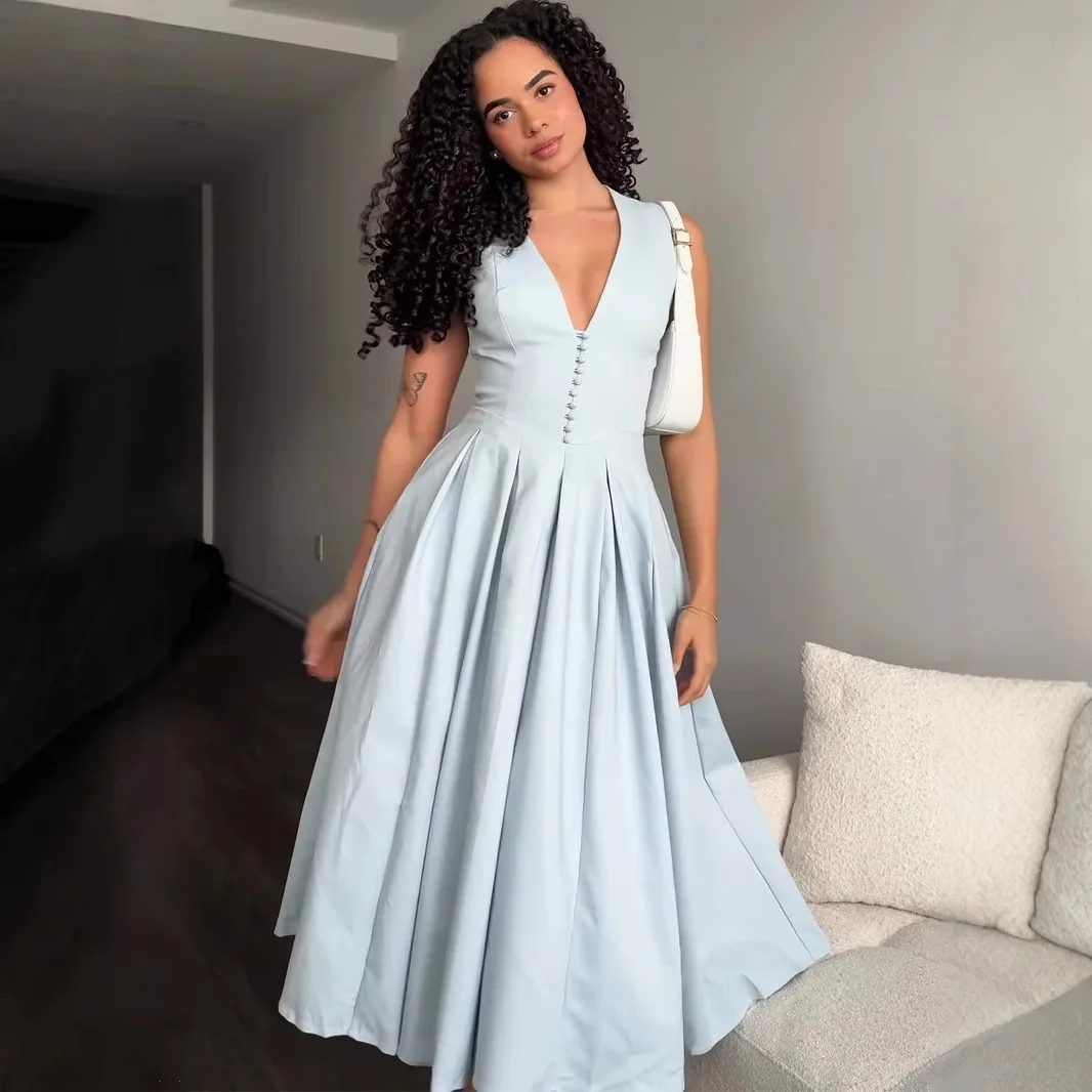 

Spring 2026 Fresh, Soft, Elegant, Sleeveless, Sexy V-neck Long Dress For Women Robe Abaya Ramadan Dubai Luxury Islam Elegant